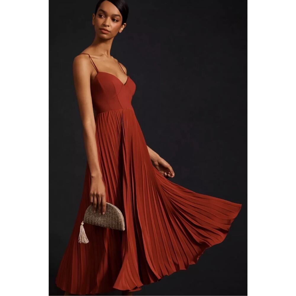 Anthropologie Pleated Sweetheart Bodice Timeless Midi Dress Rust Red Small